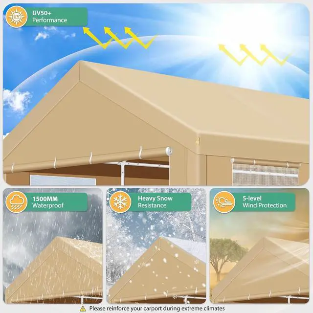Alt view image 4 of 7 - Carport 10x20 FT Heavy Duty Portable Garage, Powder Coated Frame(Better Than Galvanized), Built-in Sandbags, Removable Sidewalls & Waterproof Shelter & Windows,for Car/Boat/SUV, Khaki