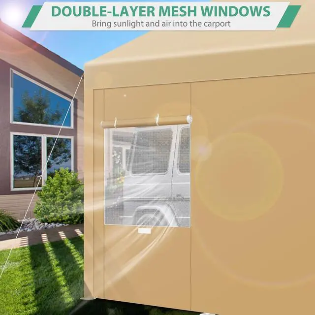 Alt view image 5 of 7 - Carport 10x20 FT Heavy Duty Portable Garage, Powder Coated Frame(Better Than Galvanized), Built-in Sandbags, Removable Sidewalls & Waterproof Shelter & Windows,for Car/Boat/SUV, Khaki