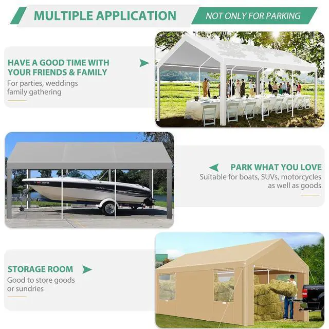 Alt view image 6 of 7 - Carport 10x20 FT Heavy Duty Portable Garage, Powder Coated Frame(Better Than Galvanized), Built-in Sandbags, Removable Sidewalls & Waterproof Shelter & Windows,for Car/Boat/SUV, Khaki