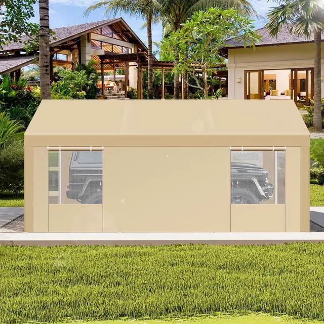 Alt view image 7 of 7 - Carport 10x20 FT Heavy Duty Portable Garage, Powder Coated Frame(Better Than Galvanized), Built-in Sandbags, Removable Sidewalls & Waterproof Shelter & Windows,for Car/Boat/SUV, Khaki