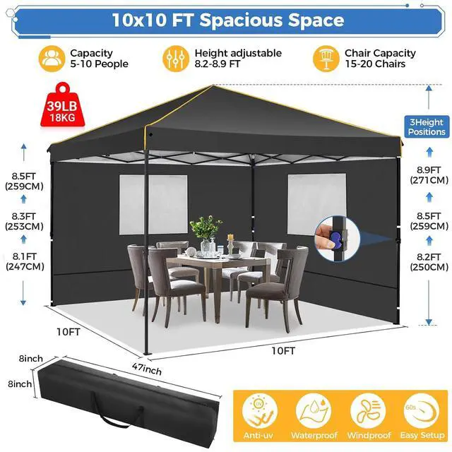 Alt view image 2 of 7 - 10x10 Pop Up Canopy Tent with Sidewalls and Roll-up Ventilated Windows with Mosquito net, Ez Outdoor Commercial Instant Gazebo Tents for Parties Waterproof with Carrybag, Matte Black