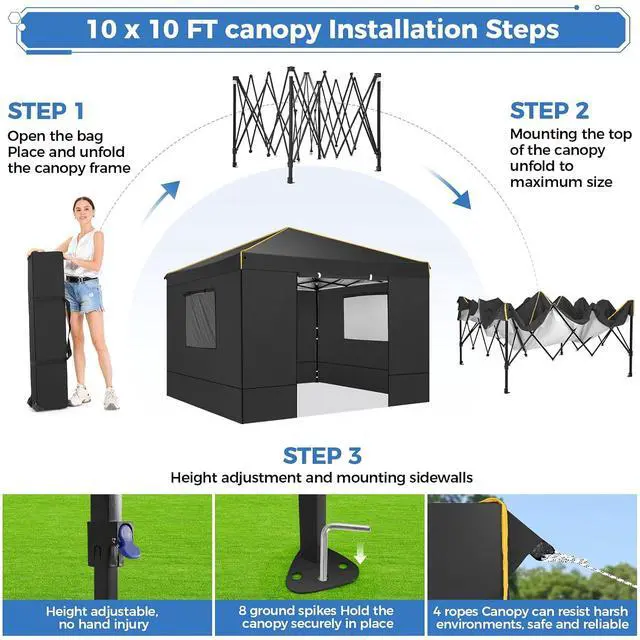 Alt view image 4 of 7 - 10x10 Pop Up Canopy Tent with Sidewalls and Roll-up Ventilated Windows with Mosquito net, Ez Outdoor Commercial Instant Gazebo Tents for Parties Waterproof with Carrybag, Matte Black