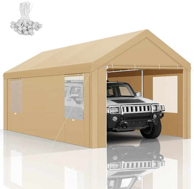Main image of 10x20 FT Heavy Duty Carport with Galvanized Frame, Carport Canopy with Roll-up Windows, Storage Tent with Removable Sidewalls & Doors, Built-in Sandbags for Car, Boat, Truck, Khaki