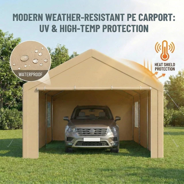 Alt view image 3 of 7 - 10x20 FT Heavy Duty Carport with Galvanized Frame, Carport Canopy with Roll-up Windows, Storage Tent with Removable Sidewalls & Doors, Built-in Sandbags for Car, Boat, Truck, Khaki