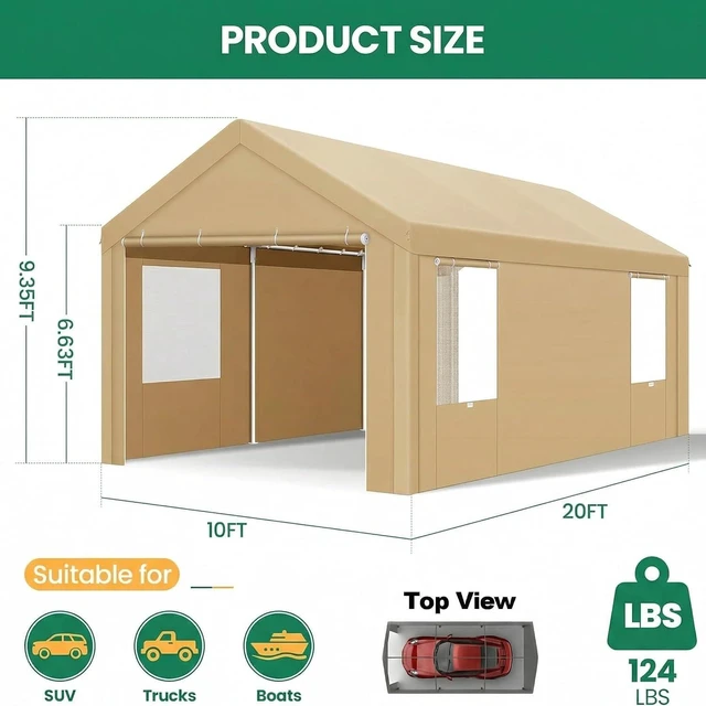 Alt view image 2 of 7 - 10x20 FT Heavy Duty Carport with Galvanized Frame, Carport Canopy with Roll-up Windows, Storage Tent with Removable Sidewalls & Doors, Built-in Sandbags for Car, Boat, Truck, Khaki