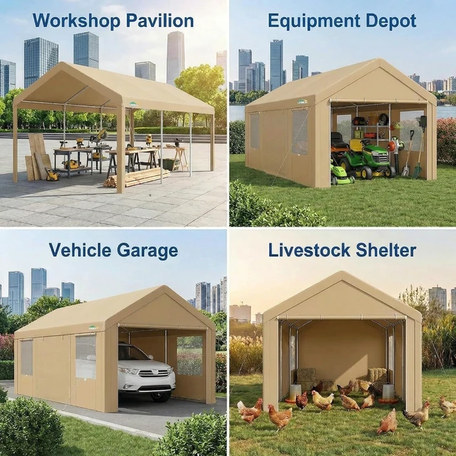 Alt view image 6 of 7 - 10x20 FT Heavy Duty Carport with Galvanized Frame, Carport Canopy with Roll-up Windows, Storage Tent with Removable Sidewalls & Doors, Built-in Sandbags for Car, Boat, Truck, Khaki