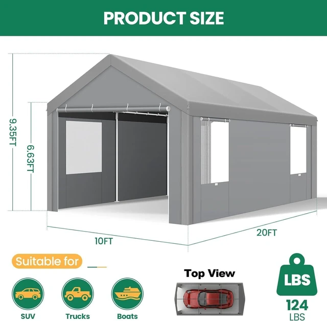 Alt view image 2 of 7 - 10x20 FT Heavy Duty Carport with Galvanized Frame,