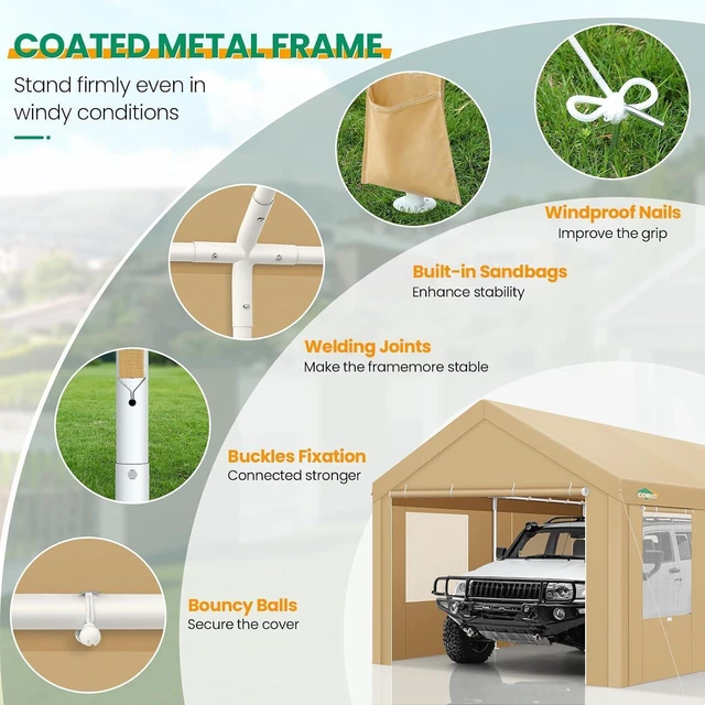 Alt view image 5 of 7 - 10x20 FT Heavy Duty Carport with Galvanized Frame, Carport Canopy with Roll-up Windows, Storage Tent with Removable Sidewalls & Doors, Built-in Sandbags for Car, Boat, Truck, Khaki