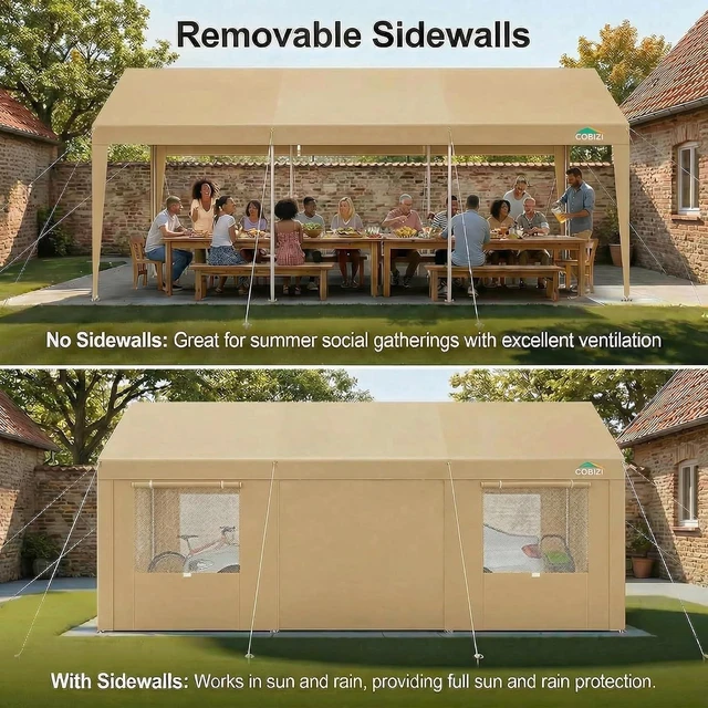 Alt view image 4 of 7 - 10x20 FT Heavy Duty Carport with Galvanized Frame, Carport Canopy with Roll-up Windows, Storage Tent with Removable Sidewalls & Doors, Built-in Sandbags for Car, Boat, Truck, Khaki