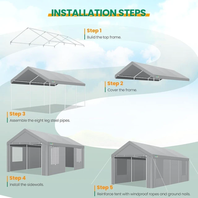 Alt view image 5 of 7 - Carport 20x20 Heavy Duty Storage Shelter Shed Waterproof