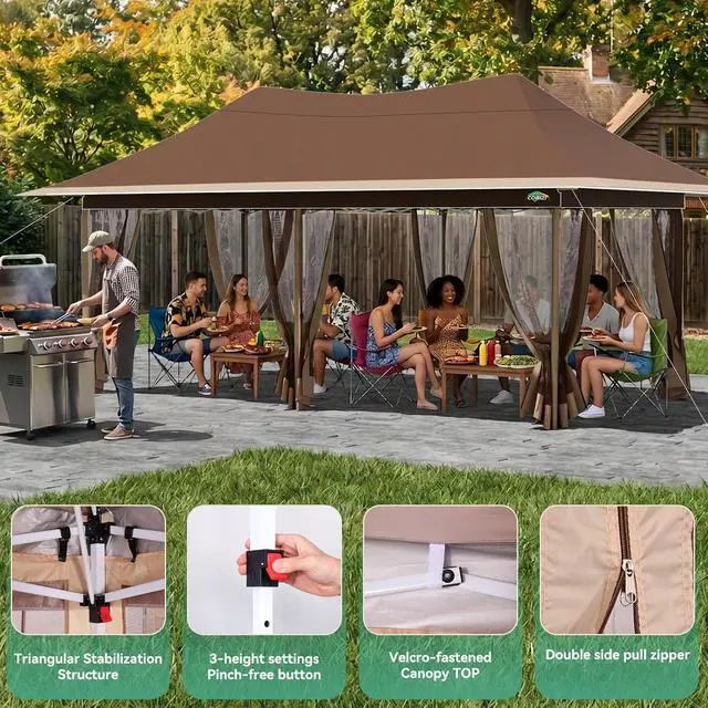 Alt view image 3 of 7 - 12x20 Pop Up Gazebo Canopy with Mosquito Netting,Outdoor Screened Gazebo Shelte for Garden and Backyard,Commercial Party Tent with Mesh Walls,Brown