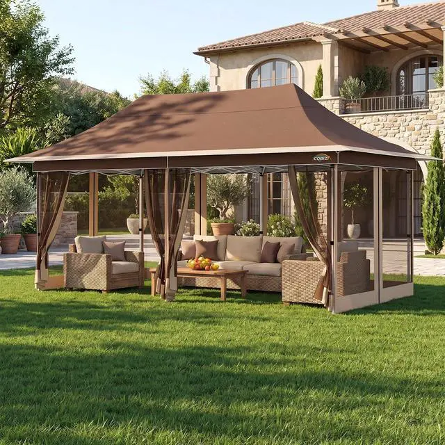 Main image of 12x20 Pop Up Gazebo Canopy with Mosquito Netting,Outdoor Screened Gazebo Shelte for Garden and Backyard,Commercial Party Tent with Mesh Walls,Brown