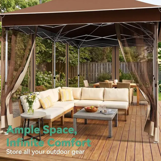 Alt view image 5 of 7 - 12x20 Pop Up Gazebo Canopy with Mosquito Netting,Outdoor Screened Gazebo Shelte for Garden and Backyard,Commercial Party Tent with Mesh Walls,Brown