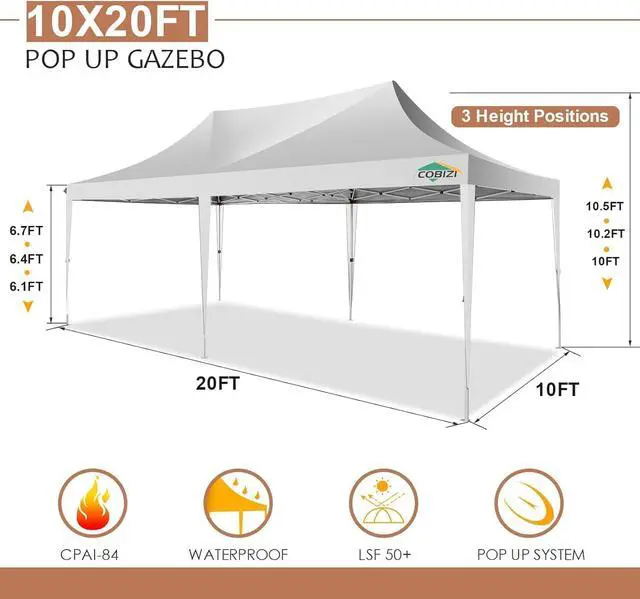 Alt view image 6 of 7 - 10×20 Pop-Up Canopy Easy Setup Gazebo with Elevated Frame, White