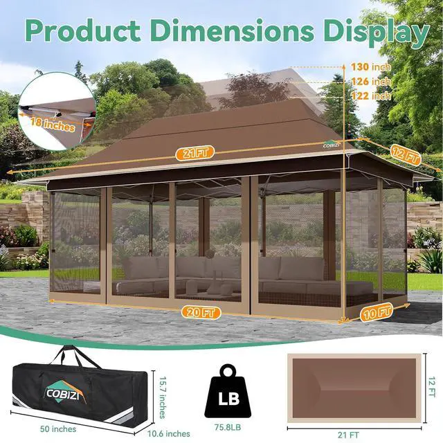 Alt view image 7 of 7 - 12x20 Pop Up Gazebo Canopy with Mosquito Netting,Outdoor Screened Gazebo Shelte for Garden and Backyard,Commercial Party Tent with Mesh Walls,Brown