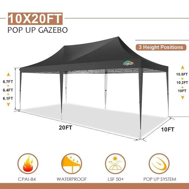 Alt view image 6 of 7 - 10×20 Pop-Up Canopy Easy Setup Gazebo with Elevated Frame, Black