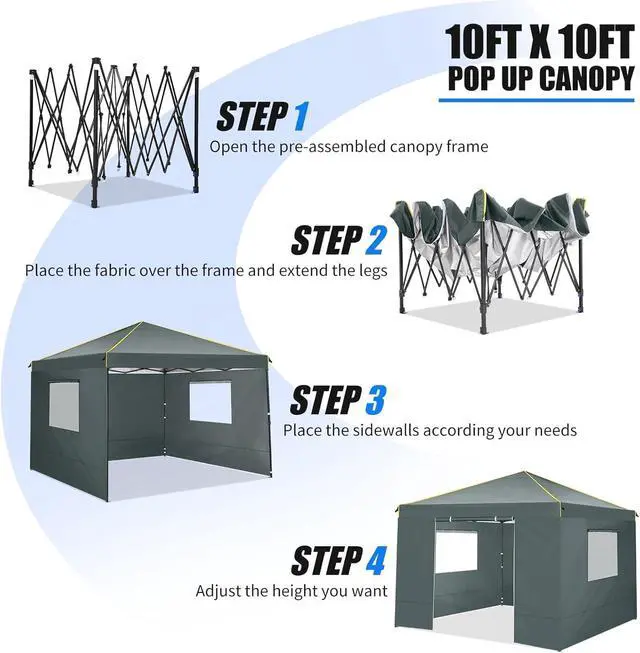 Alt view image 5 of 6 - 10×10 Easy Setup Pop Up Canopy Gazebo with Mesh Windows 2.0, Grey