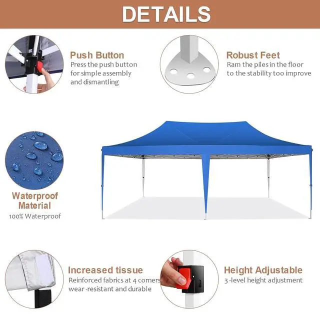 Alt view image 3 of 7 - 10x20 Pop Up Canopy Tent with Sidewalls,Party Tent Outdoor Gazebos, Waterproof & UV50+,3 Adjustable Heights,Higher Frame Design - Extra Tall for Parties Backyard,Weddings,Markets, Blue