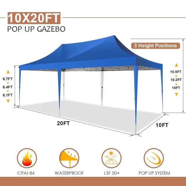 Alt view image 5 of 7 - 10x20 Pop Up Canopy Tent with Sidewalls,Party Tent Outdoor Gazebos, Waterproof & UV50+,3 Adjustable Heights,Higher Frame Design - Extra Tall for Parties Backyard,Weddings,Markets, Blue
