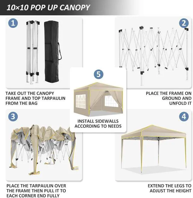 Alt view image 3 of 7 - 10x10 Pop Up Canopy with 4 Sidewalls, Easy up Canopy for Events, Sports, Beach, Party, Outdoor Party Canopies with 4 Weight Bags, Stakes x4, Ropes x4, Khaki