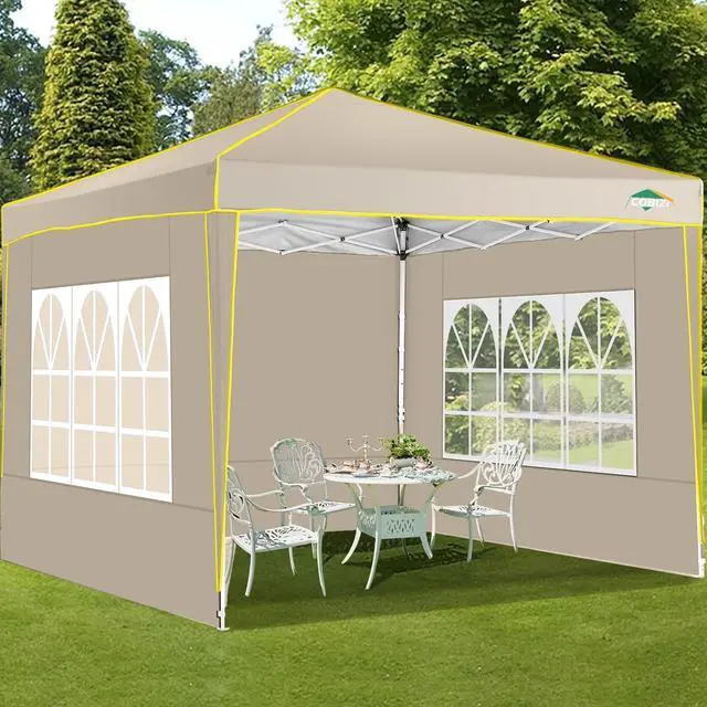 Alt view image 4 of 7 - 10x10 Pop Up Canopy with 4 Sidewalls, Easy up Canopy for Events, Sports, Beach, Party, Outdoor Party Canopies with 4 Weight Bags, Stakes x4, Ropes x4, Khaki