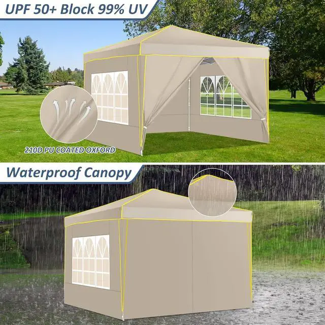 Alt view image 5 of 7 - 10x10 Pop Up Canopy with 4 Sidewalls, Easy up Canopy for Events, Sports, Beach, Party, Outdoor Party Canopies with 4 Weight Bags, Stakes x4, Ropes x4, Khaki