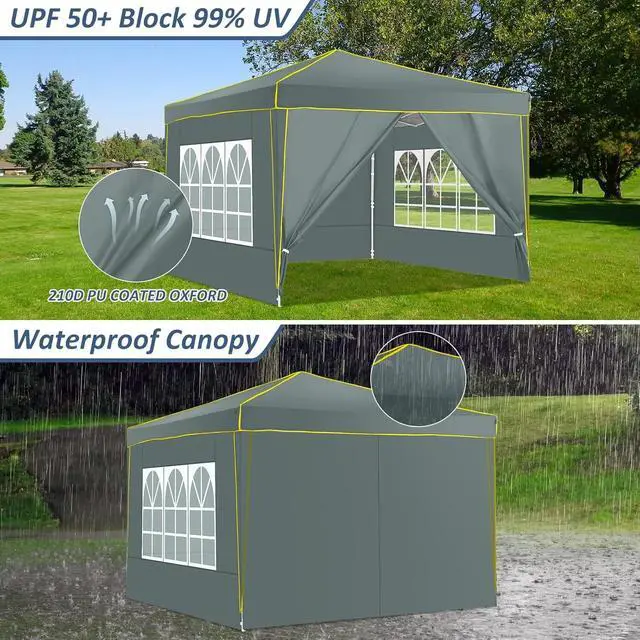 Alt view image 3 of 7 - 10x10 Pop up Canopy Tent Gazebos, Ez up Canopy 10x10 for Parties Beach Camping Party Event Shelter Sun Shade with 4 Sidewalls & Carry Bag 4 Stakes & Ropes & Sandbags, Grey