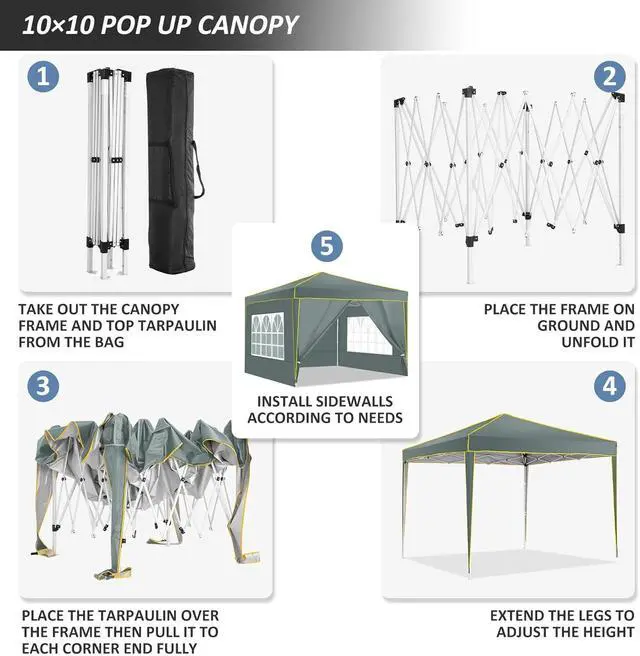 Alt view image 5 of 7 - 10x10 Pop up Canopy Tent Gazebos, Ez up Canopy 10x10 for Parties Beach Camping Party Event Shelter Sun Shade with 4 Sidewalls & Carry Bag 4 Stakes & Ropes & Sandbags, Grey