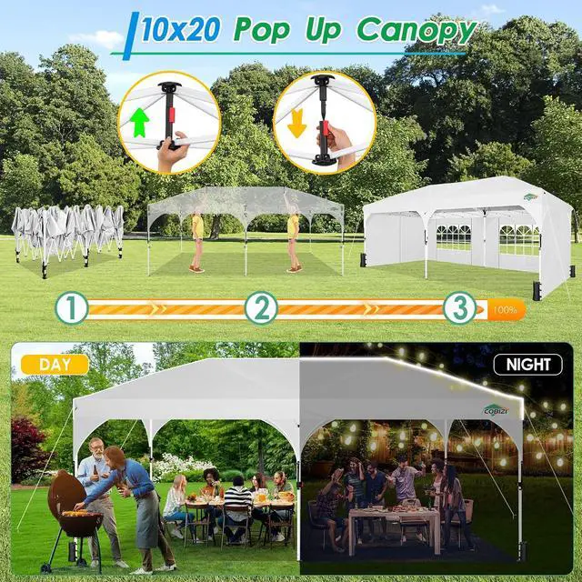 Alt view image 2 of 7 - 10x20 Pop up Canopy Tent with 4 Sidewalls Outdoor Canopy Tent for Party with Push Center Lock & Air Vent, 2000mm+Waterproof Gazebo Canopy UPF 50+with 4 Sandbags,12 Stakes & 6 Ropes,White