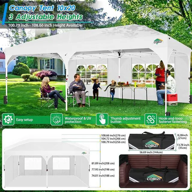 Alt view image 4 of 7 - 10x20 Pop up Canopy Tent with 4 Sidewalls Outdoor Canopy Tent for Party with Push Center Lock & Air Vent, 2000mm+Waterproof Gazebo Canopy UPF 50+with 4 Sandbags,12 Stakes & 6 Ropes,White