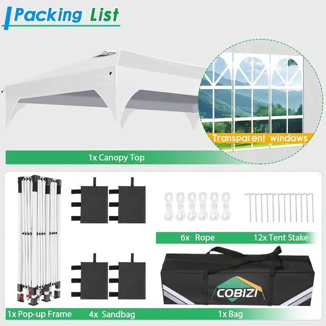 Alt view image 5 of 7 - 10x20 Pop up Canopy Tent with 4 Sidewalls Outdoor Canopy Tent for Party with Push Center Lock & Air Vent, 2000mm+Waterproof Gazebo Canopy UPF 50+with 4 Sandbags,12 Stakes & 6 Ropes,White