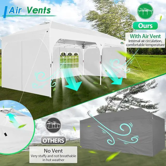 Alt view image 7 of 7 - 10x20 Pop up Canopy Tent with 4 Sidewalls Outdoor Canopy Tent for Party with Push Center Lock & Air Vent, 2000mm+Waterproof Gazebo Canopy UPF 50+with 4 Sandbags,12 Stakes & 6 Ropes,White
