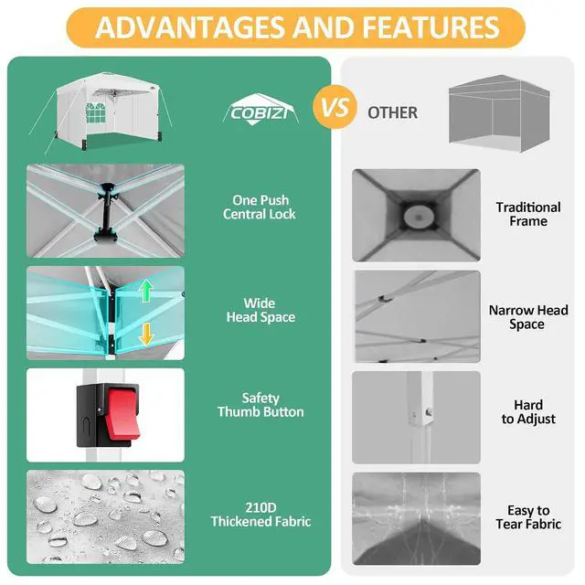 Alt view image 4 of 7 - 10x10 Pop up Canopy, Canopy Tent for Party with One Push Central Button Air Vent, Event Shelter with Sidewalls and Reflective Strip (White)