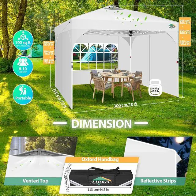 Alt view image 6 of 7 - 10x10 Pop up Canopy, Canopy Tent for Party with One Push Central Button Air Vent, Event Shelter with Sidewalls and Reflective Strip (White)