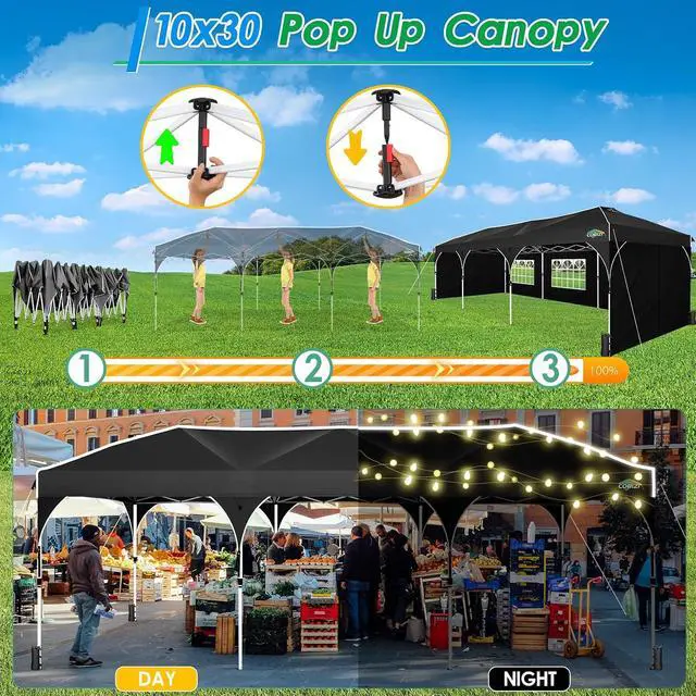 Alt view image 2 of 7 - 10x30 Pop Up Canopy Tent for Parties with 5 Sidewalls| Push Center Lock & Air Vent| Waterproof & UPF50+ |Gazebo Outdoor Tent for Party,Wedding,BBQ with 4 Sandbags, 8 Stakes & 16 Ropes,Black
