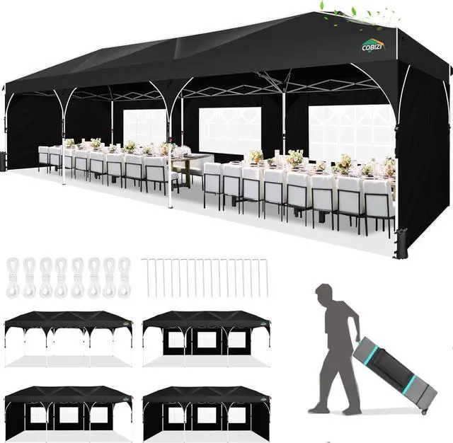 Main image of 10x30 Pop Up Canopy Tent for Parties with 5 Sidewalls| Push Center Lock & Air Vent| Waterproof & UPF50+ |Gazebo Outdoor Tent for Party,Wedding,BBQ with 4 Sandbags, 8 Stakes & 16 Ropes,Black