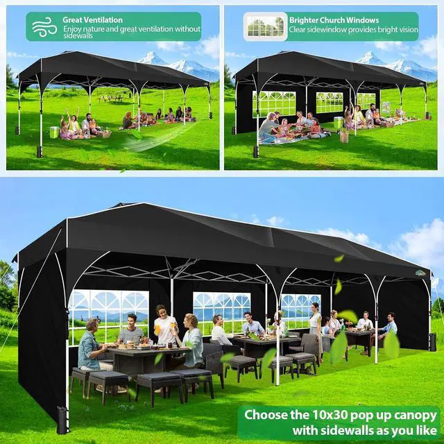 Alt view image 4 of 7 - 10x30 Pop Up Canopy Tent for Parties with 5 Sidewalls| Push Center Lock & Air Vent| Waterproof & UPF50+ |Gazebo Outdoor Tent for Party,Wedding,BBQ with 4 Sandbags, 8 Stakes & 16 Ropes,Black