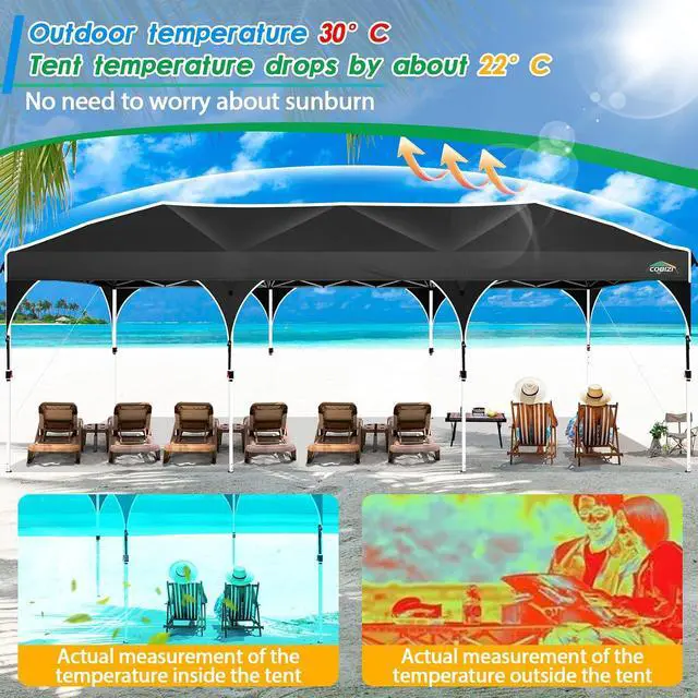 Alt view image 5 of 7 - 10x30 Pop Up Canopy Tent for Parties with 5 Sidewalls| Push Center Lock & Air Vent| Waterproof & UPF50+ |Gazebo Outdoor Tent for Party,Wedding,BBQ with 4 Sandbags, 8 Stakes & 16 Ropes,Black