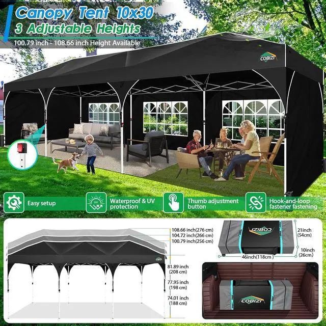 Alt view image 3 of 7 - 10x30 Pop Up Canopy Tent for Parties with 5 Sidewalls| Push Center Lock & Air Vent| Waterproof & UPF50+ |Gazebo Outdoor Tent for Party,Wedding,BBQ with 4 Sandbags, 8 Stakes & 16 Ropes,Black