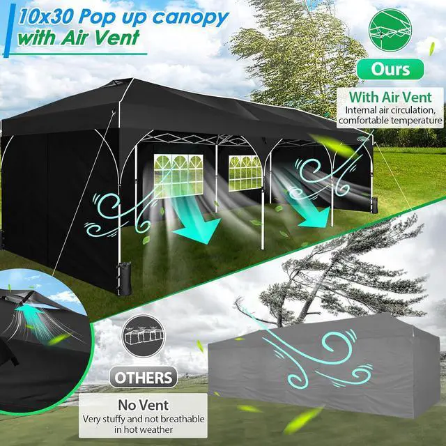 Alt view image 6 of 7 - 10x30 Pop Up Canopy Tent for Parties with 5 Sidewalls| Push Center Lock & Air Vent| Waterproof & UPF50+ |Gazebo Outdoor Tent for Party,Wedding,BBQ with 4 Sandbags, 8 Stakes & 16 Ropes,Black