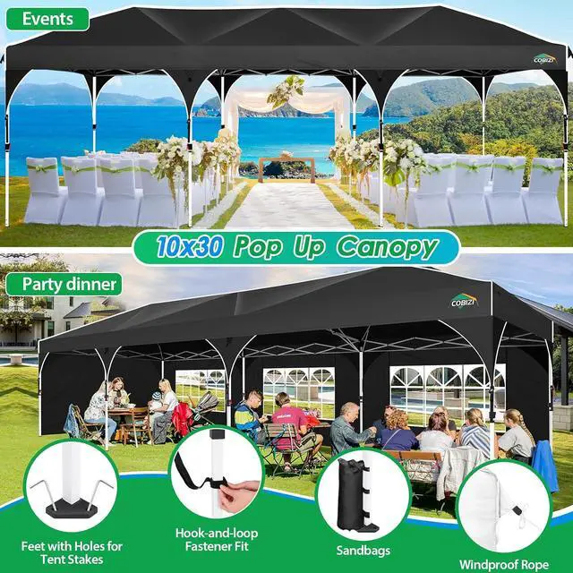 Alt view image 7 of 7 - 10x30 Pop Up Canopy Tent for Parties with 5 Sidewalls| Push Center Lock & Air Vent| Waterproof & UPF50+ |Gazebo Outdoor Tent for Party,Wedding,BBQ with 4 Sandbags, 8 Stakes & 16 Ropes,Black