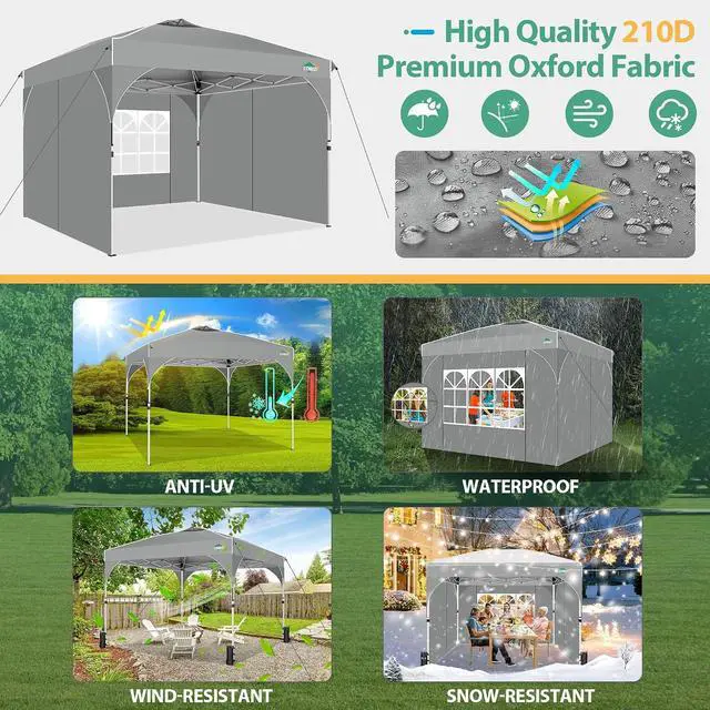 Alt view image 3 of 7 - Canopy Tent 10x10, Easy Up 10x10 Pop Up Canopy for Party Camping, Party Tents with One Push Central Button Air Vent, Outdoor Gazebo Tent with Sidewalls and Reflective Strip(Grey)