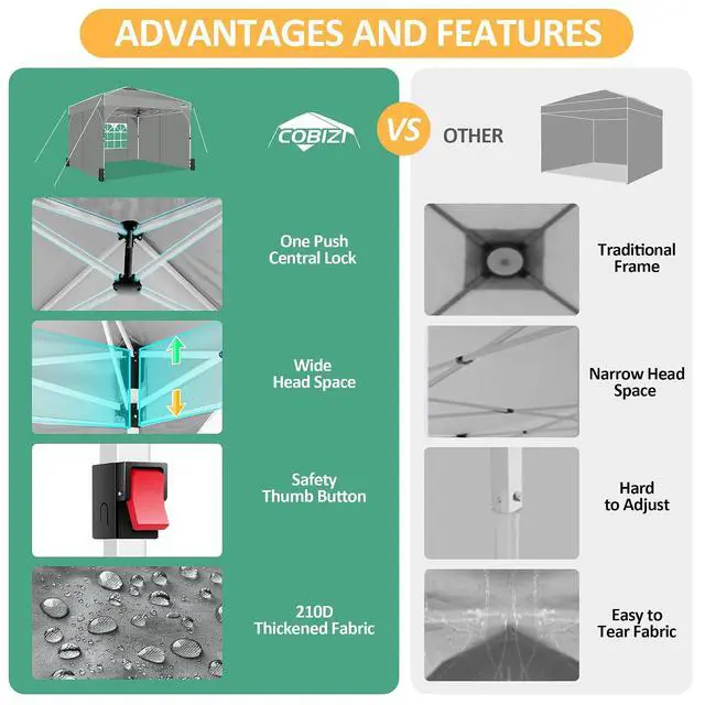 Alt view image 4 of 7 - Canopy Tent 10x10, Easy Up 10x10 Pop Up Canopy for Party Camping, Party Tents with One Push Central Button Air Vent, Outdoor Gazebo Tent with Sidewalls and Reflective Strip(Grey)