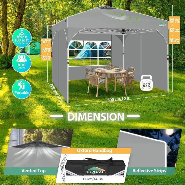 Alt view image 6 of 7 - Canopy Tent 10x10, Easy Up 10x10 Pop Up Canopy for Party Camping, Party Tents with One Push Central Button Air Vent, Outdoor Gazebo Tent with Sidewalls and Reflective Strip(Grey)