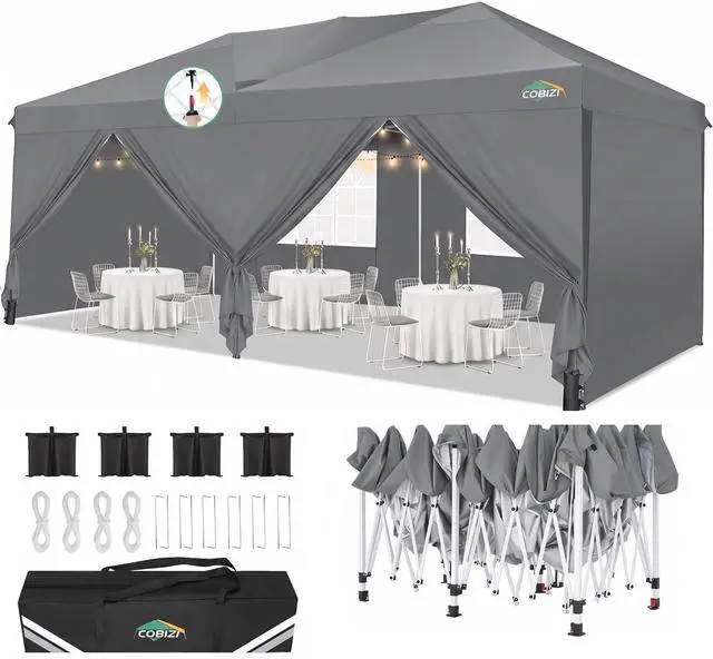 Main image of 10x20 Pop up Canopy Tent with 4 Sidewalls Outdoor Canopy Tent for Party with Center Lock, Waterproof Gazebo UPF 50+, Light Gray