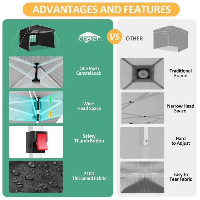 Alt view image 4 of 7 - Canopy Tent 10x10, Easy Up 10x10 Pop Up Canopy for Party Camping, Party Tents with One Push Central Button Air Vent, Outdoor Gazebo Tent with Sidewalls and Reflective Strip(Black)