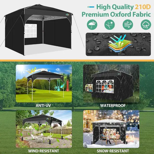 Alt view image 3 of 7 - Canopy Tent 10x10, Easy Up 10x10 Pop Up Canopy for Party Camping, Party Tents with One Push Central Button Air Vent, Outdoor Gazebo Tent with Sidewalls and Reflective Strip(Black)
