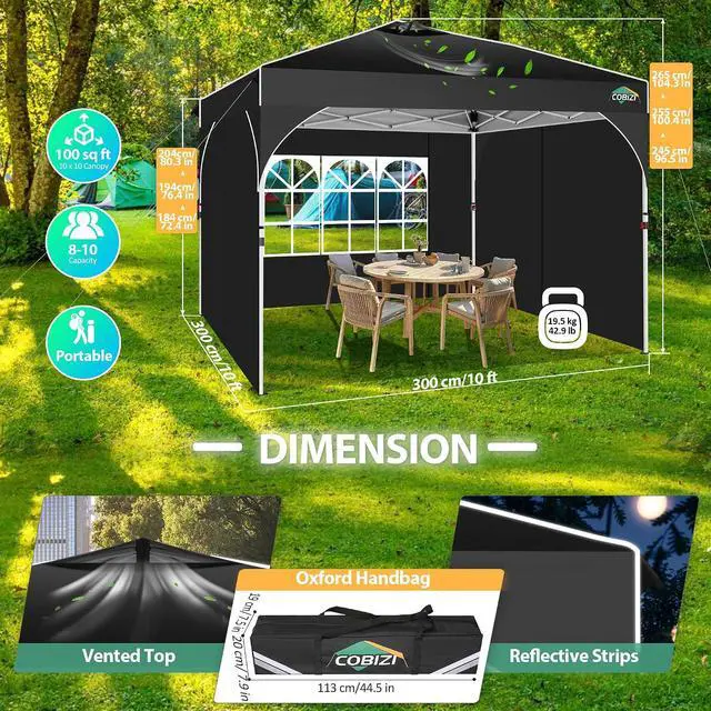 Alt view image 6 of 7 - Canopy Tent 10x10, Easy Up 10x10 Pop Up Canopy for Party Camping, Party Tents with One Push Central Button Air Vent, Outdoor Gazebo Tent with Sidewalls and Reflective Strip(Black)