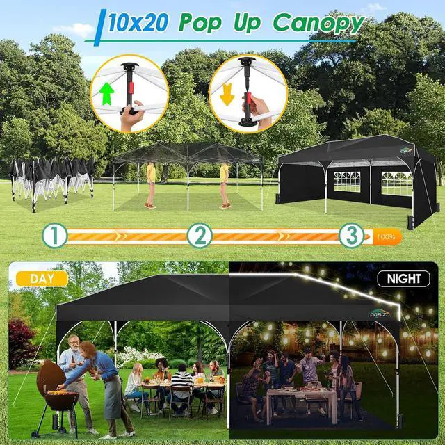 Alt view image 2 of 7 - 10x20 Pop up Canopy Tent with 4 Sidewalls Outdoor Canopy Tent for Party with Push Center Lock & Air Vent, 2000mm+Waterproof Gazebo Canopy UPF 50+with 4 Sandbags,12 Stakes & 6 Ropes,Black