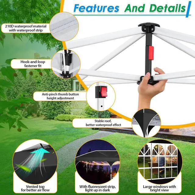 Alt view image 3 of 7 - 10x20 Pop up Canopy Tent with 4 Sidewalls Outdoor Canopy Tent for Party with Push Center Lock & Air Vent, 2000mm+Waterproof Gazebo Canopy UPF 50+with 4 Sandbags,12 Stakes & 6 Ropes,Black
